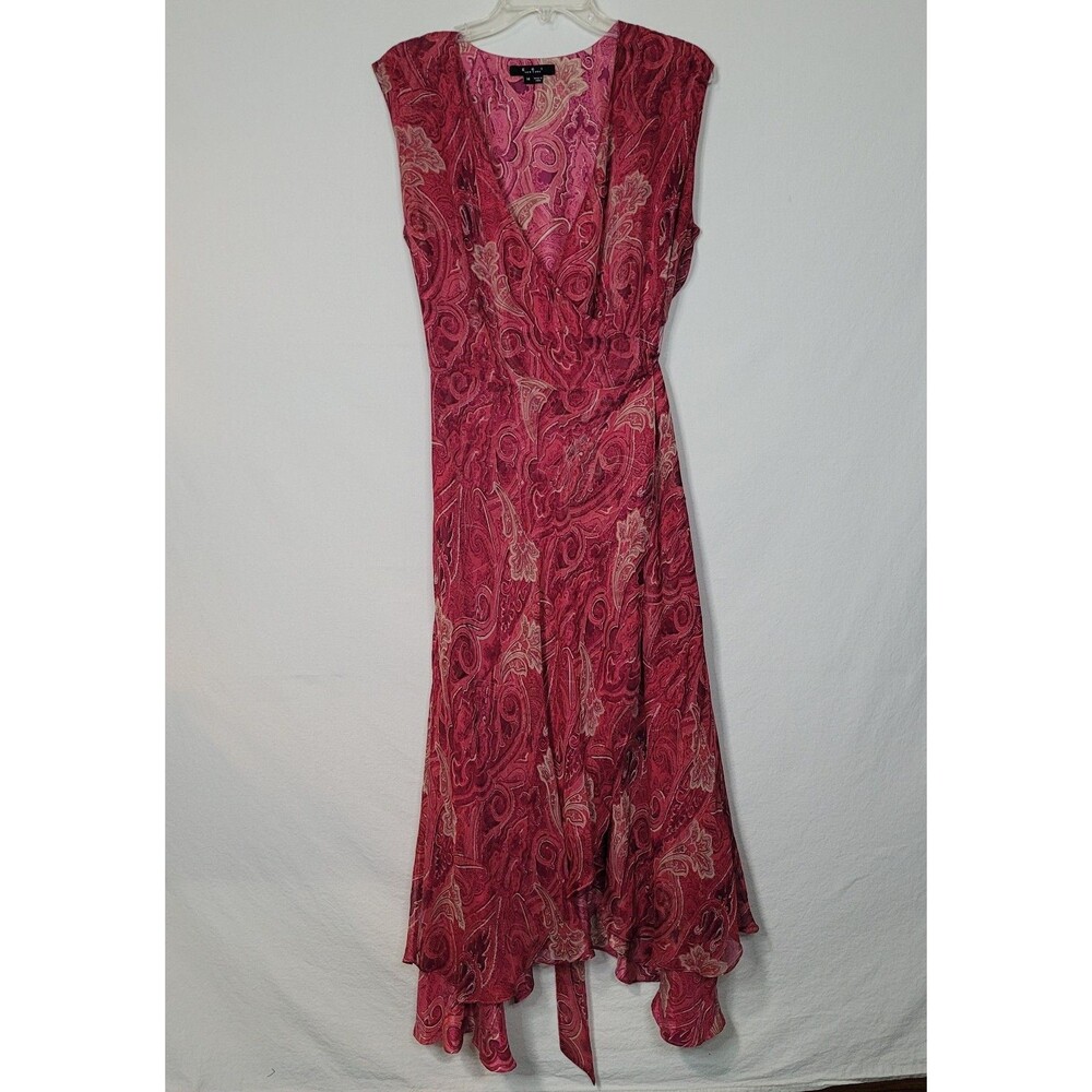 ECI 100% Silk Dress Womens 14 Pink Paisley Flounce Maxi Wrap Y2K Boho Romantic